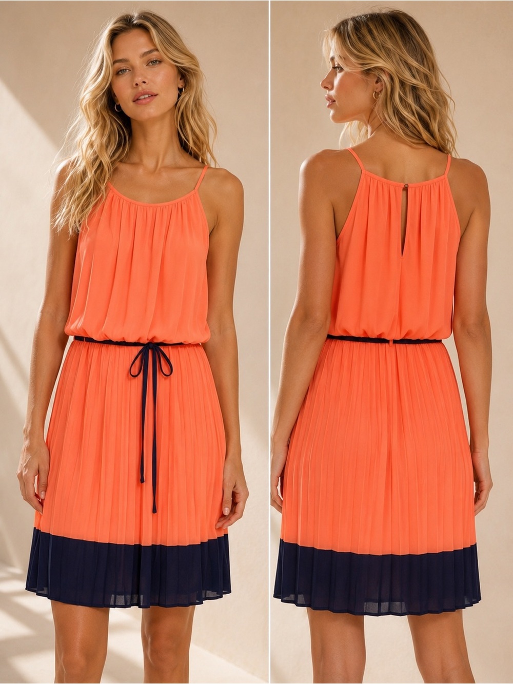 My Michelle Coral Pleated Midi Dress Colorblock Wedding Guest Quiet Luxury Chic